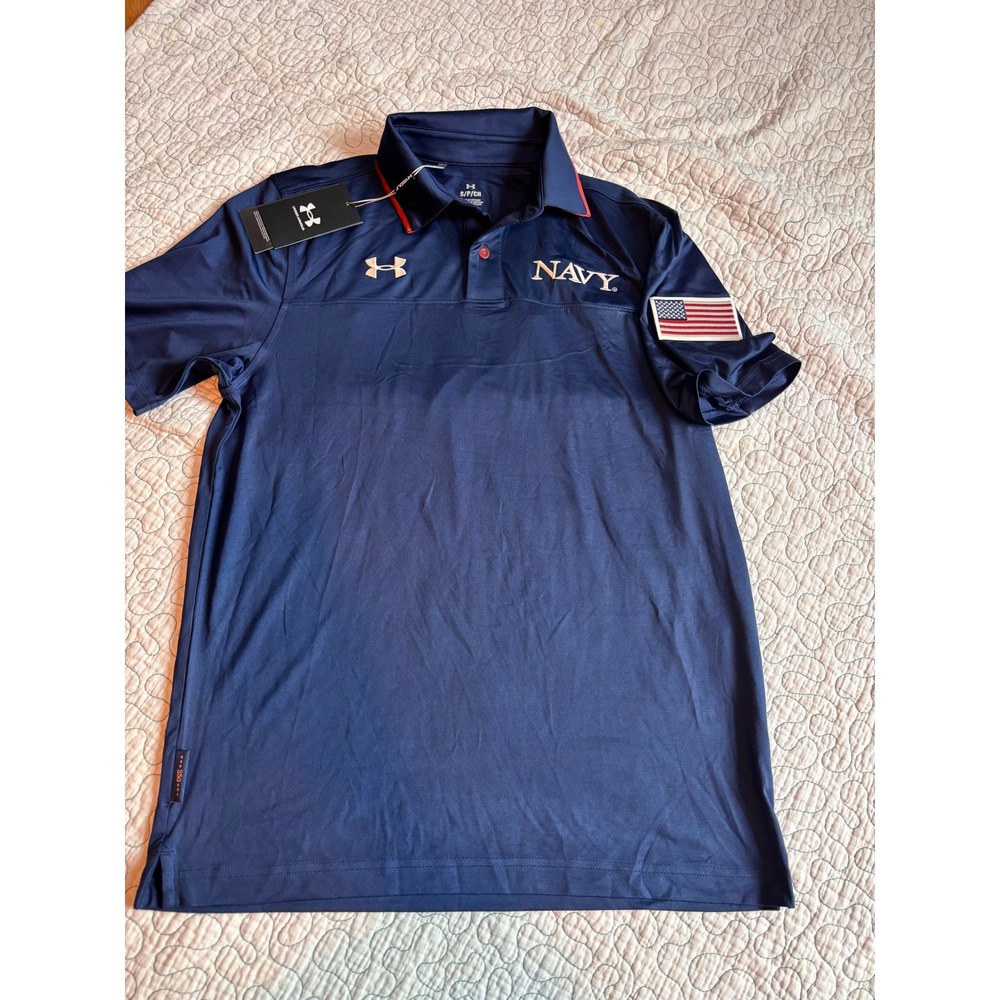 Under Armour Mens US Navy Polo Shirt Blue US Flag Patch Size Small 250th
